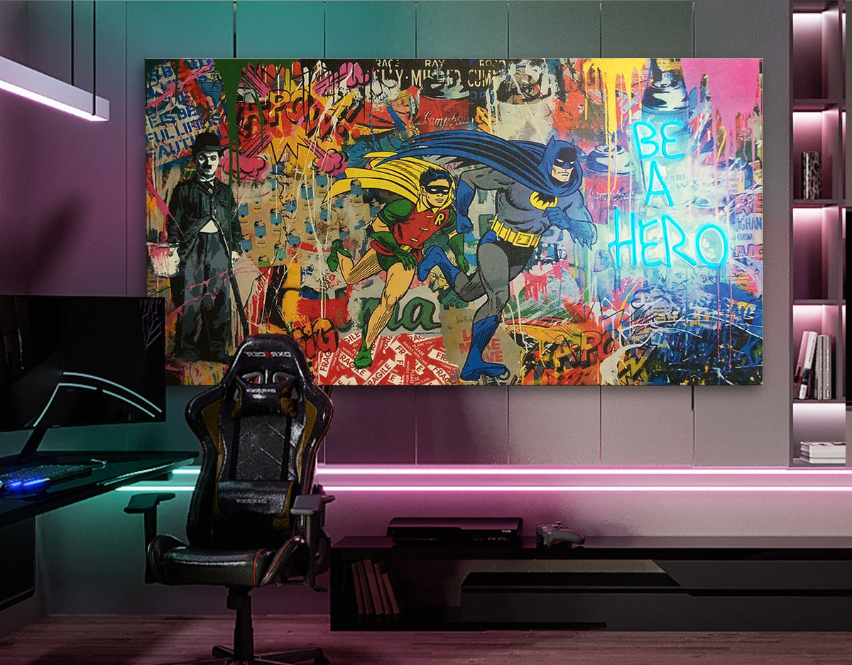 Neon Lights Be a Hero Extra large Stretched Canvas Print Urban Graffiti Modern Art Wall Decor Gamer Room Teenage Christmas Gift for Him