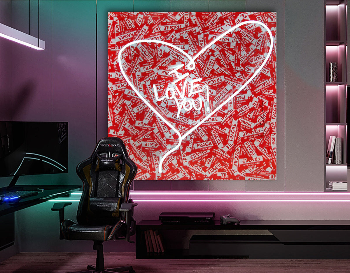 Neon Light I Love You Stretched Extra large Canvas Print Modern Graffiti Art Wall Gamer Room Decor Teenage Christmas Gift for Him