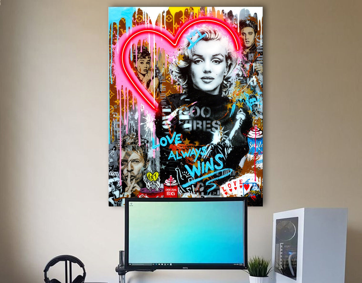 Icon Monroe with Neon Light Colorful Stretched Extra large Canvas Print Urban Modern Graffiti Art Wall Gamer Room Decor Teenage Gift