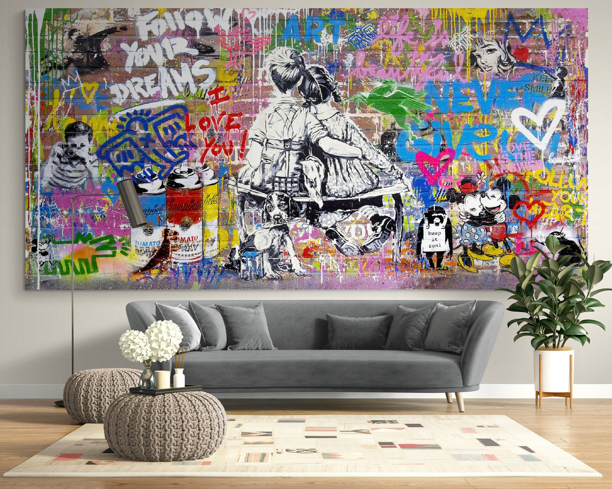 Banksy Style Canvas Print, Follow Your Dreams Art, Romantic Urban Wall Decor, Vibrant Graffiti Canvas, Creative Bedroom Pop Art Poster