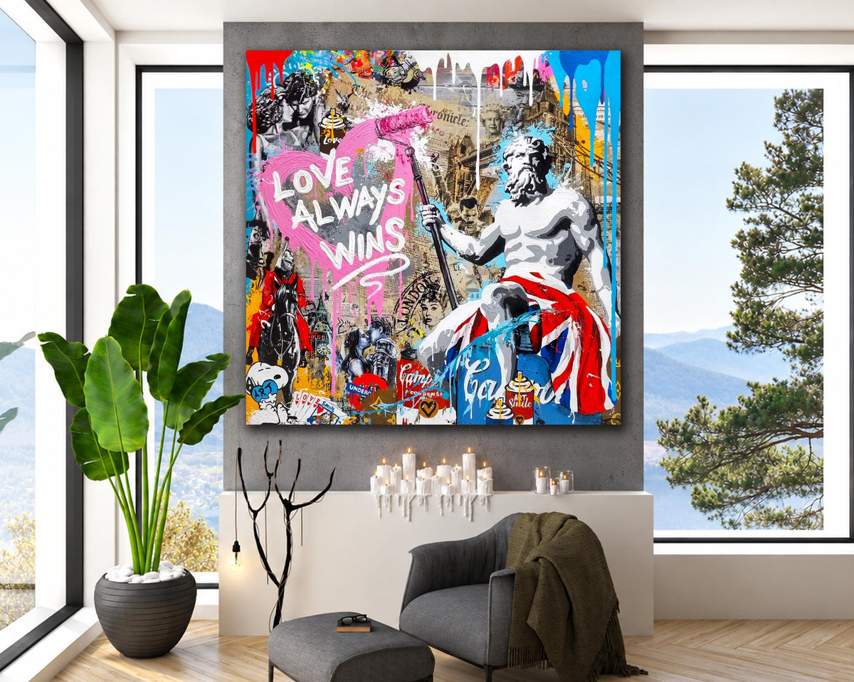 Love always wins - Bright Colorful Print on Canvas Urban Graffiti Living Room Wall Decor Ready to Hang Painting Wedding Gift