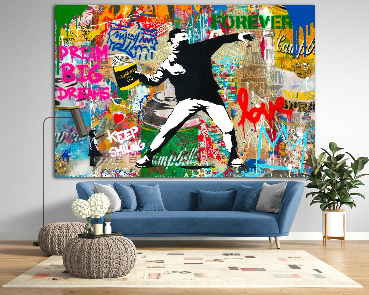 Banksy Thrower Canvas Print | Bright Graffiti Pop Art, Ready to Hang