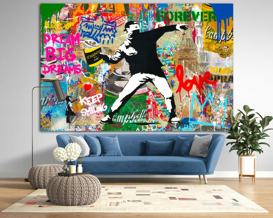 Banksy Thrower Canvas Print | Bright Graffiti Pop Art, Ready to Hang
