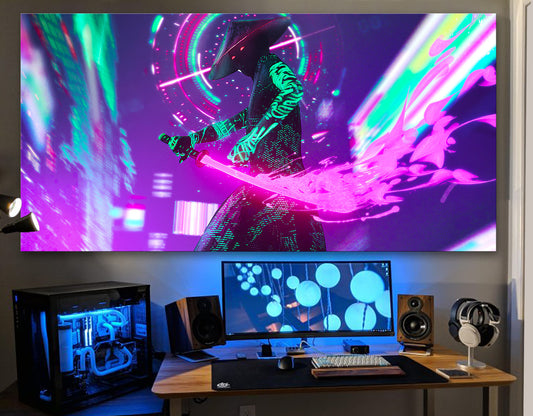 Cyberpunk Samurai Urban Extra Large Bright Neon Colorful Print on Canvas Ready to Hang Game Room Wall Decor Modern Active Teenage Boy Gift