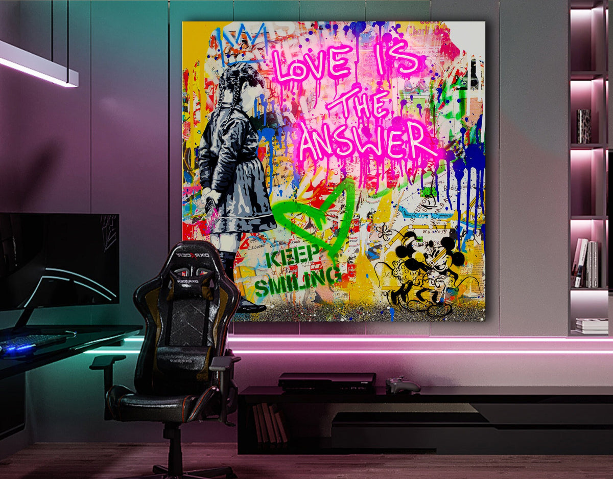 Neon Light Love Is The Answer Stretched Extra Large Canvas Print Modern Graffiti Art Wall Gamer Room Decor Teenage Christmas Gift for Him