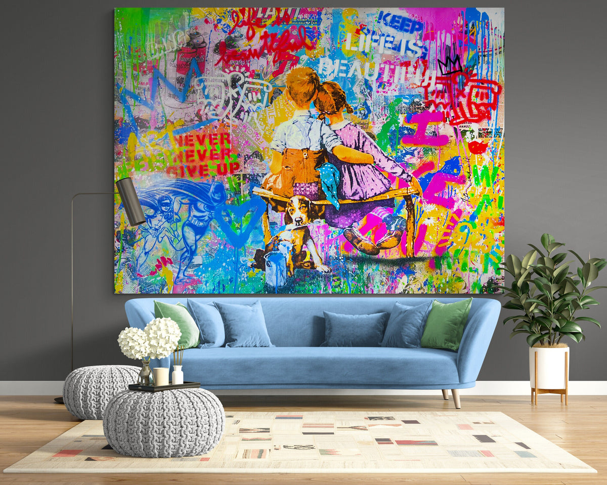 Graffiti Pop Art Canvas Print: Boy, Girl & Dog, Urban Wall Decor