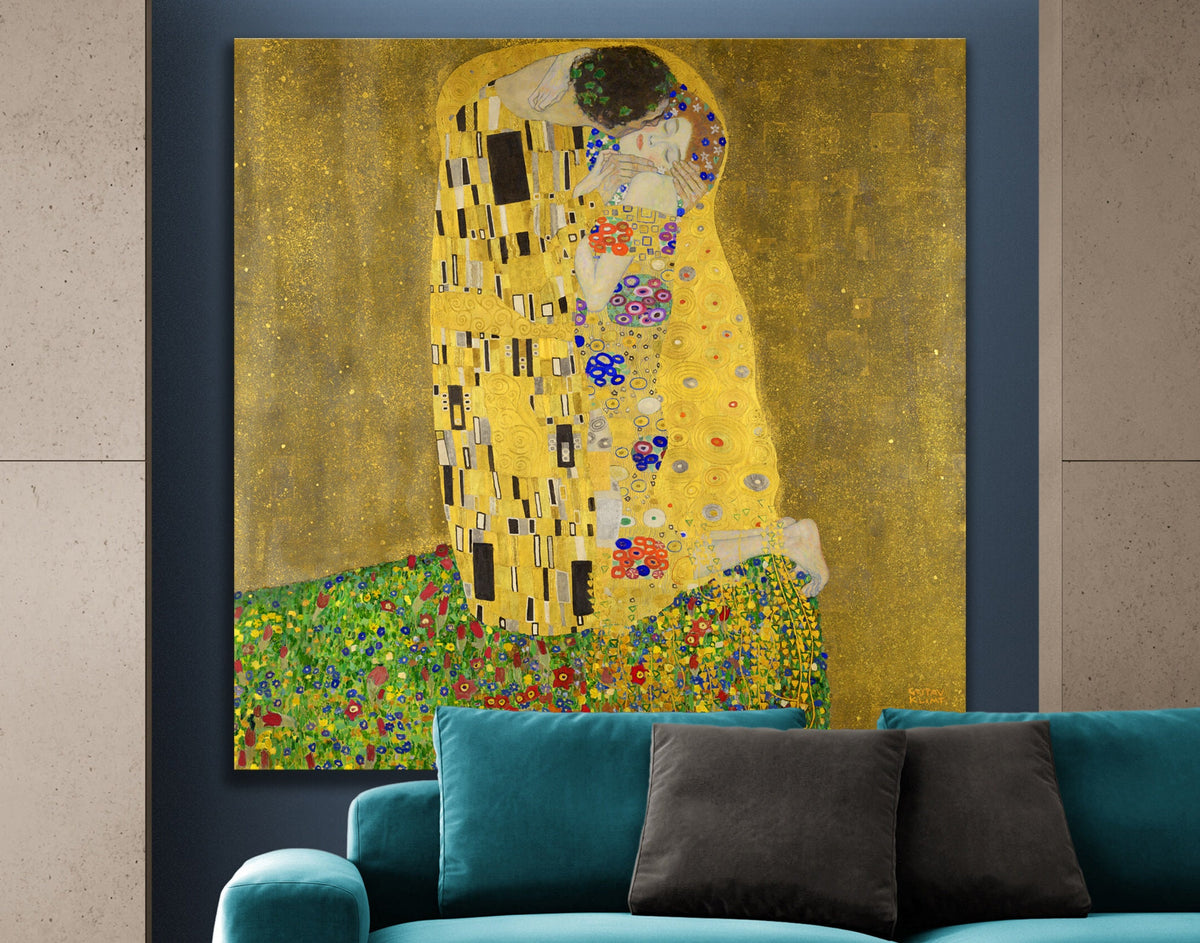 Gustav Klimt The Kiss Print on Canvas Famous Bright Colorful Modern Living Room Decor Expensive Wall Art Ready to Hang Love Gift