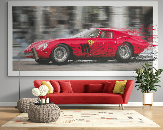 Red Ferrari Graffiti Art Print, Large Urban Painting on Canvas