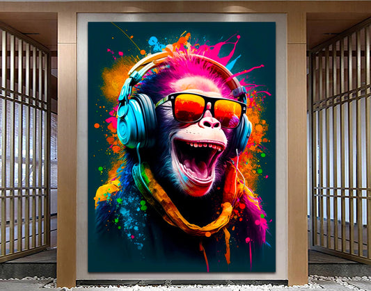 DJ Monkey Canvas Wall Art, Colorful Chimp with Headphones Print, Abstract Animal Painting, Street Pop Art, Large Music Studio Decor, Gift