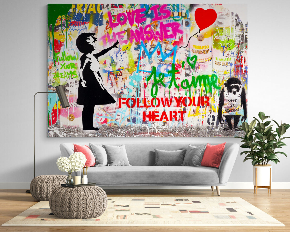 Girl With Red Balloon Urban Graffiti Print on Canvas Bright Colorful Kids Room Wall Decor Ready to Hang Painting Best Teenage Gift