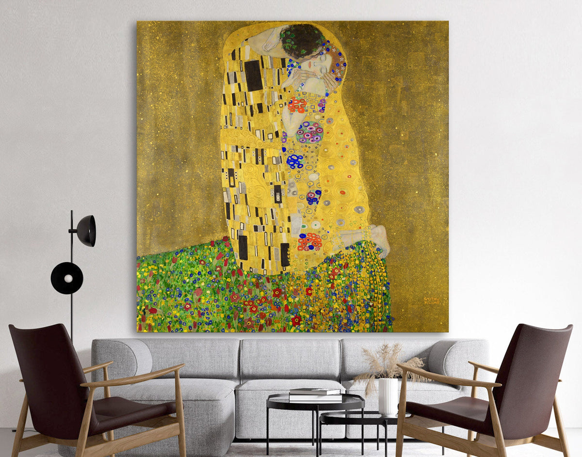 Gustav Klimt The Kiss Print on Canvas Famous Bright Colorful Modern Living Room Decor Expensive Wall Art Ready to Hang Love Gift