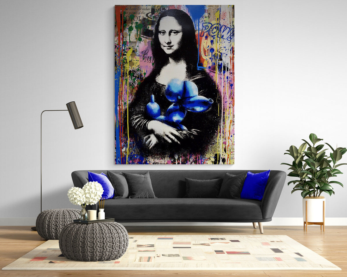 Banksy Mona Lisa Balloon Dog Graffiti Painting, Large Urban Wall Art