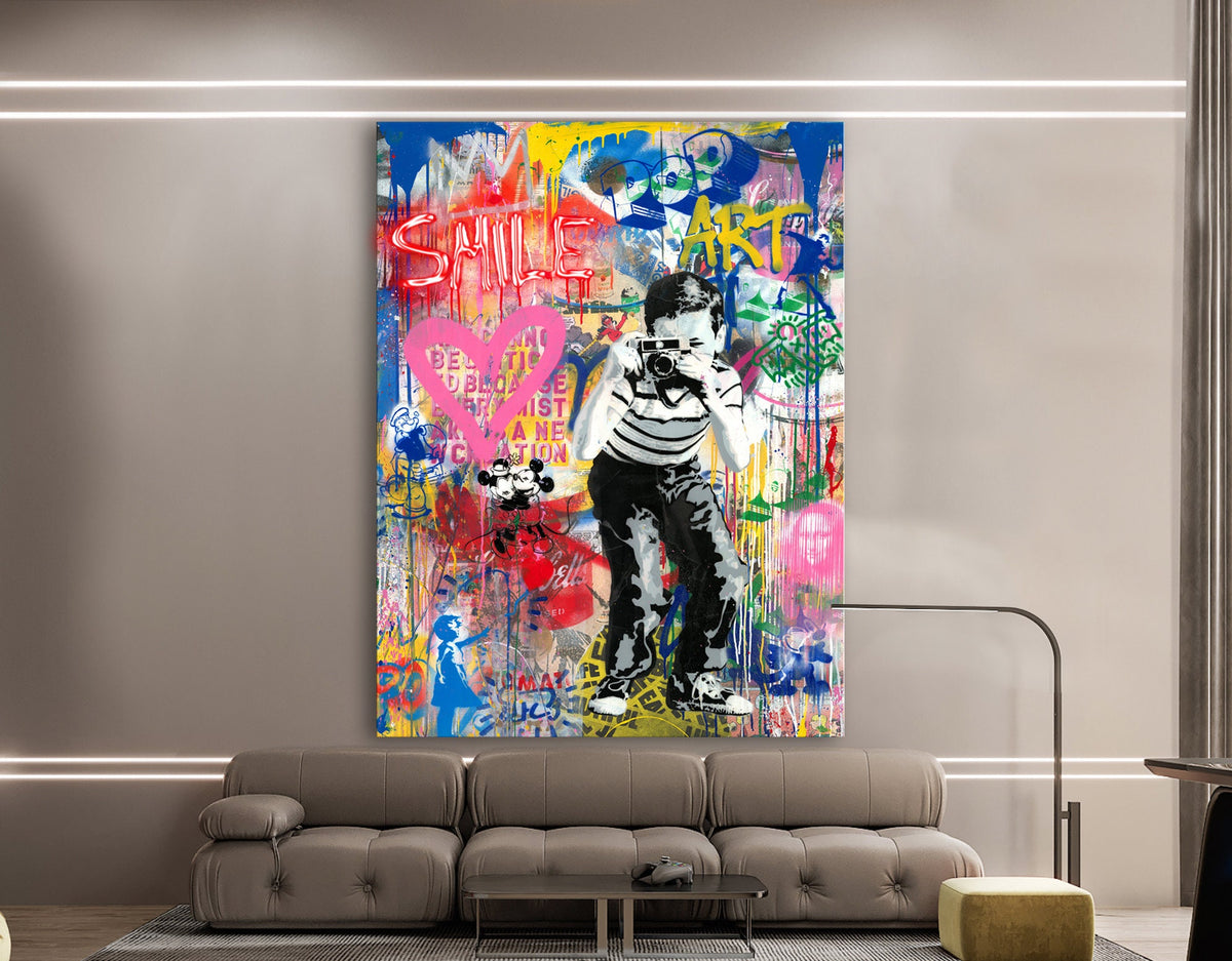 Photographer boy Neon Light Colorful Stretched Extra large Canvas Print Urban Modern Graffiti Art Wall Gamer Room Decor Teenage Gift