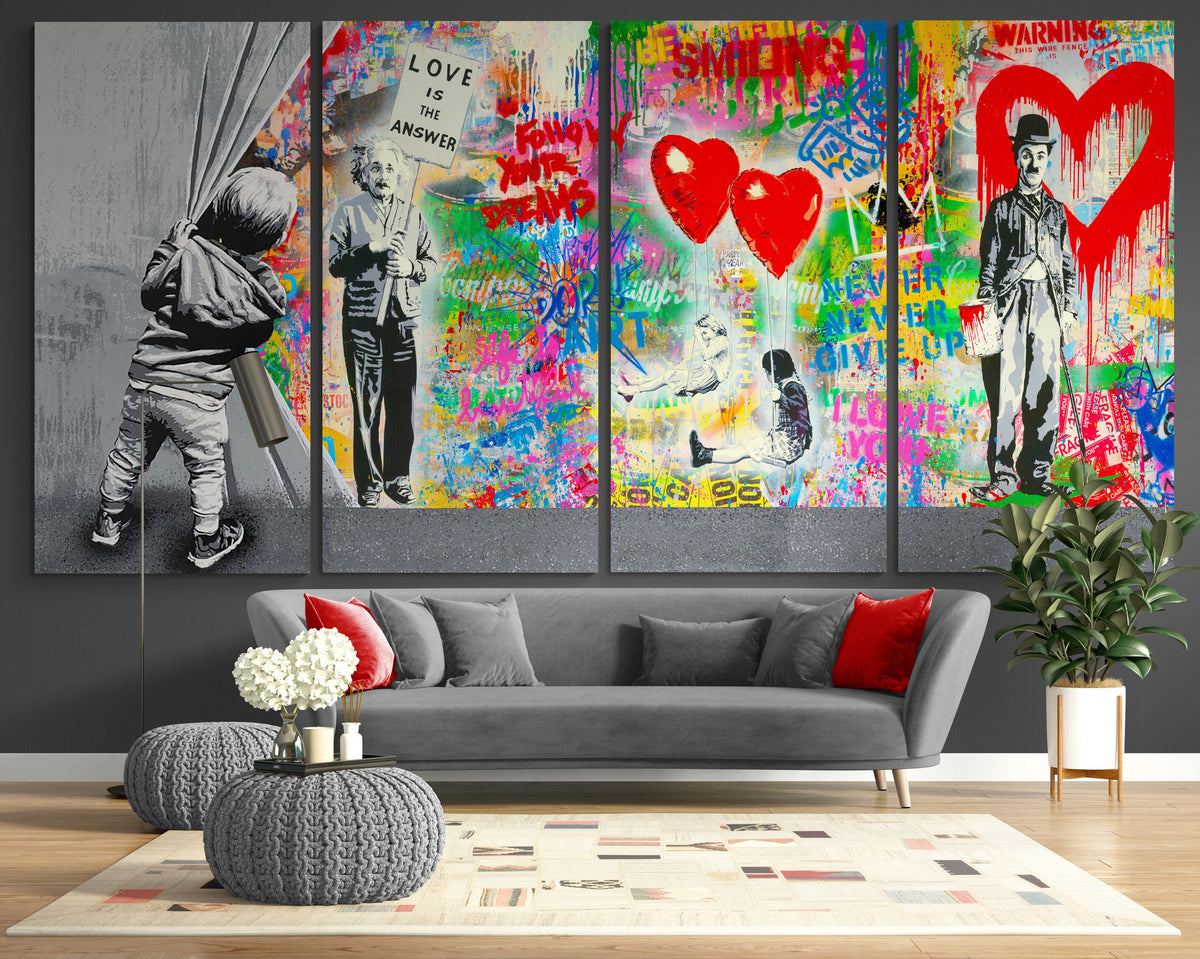 Behind the curtain Love is Print on Canvas Street Art Bright Colorful Urban Graffiti Ready to Hang Wall Decor Modern Trendy Art Gift Kids