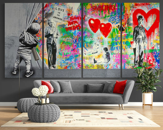 Behind the curtain Love is Print on Canvas Street Art Bright Colorful Urban Graffiti Ready to Hang Wall Decor Modern Trendy Art Gift Kids