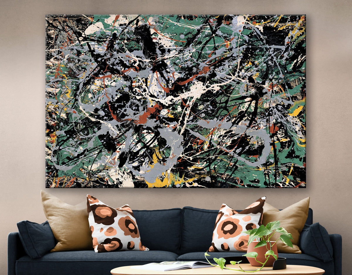 Jackson Pollock Untitled Green Silver Print on Canvas Bright Living Room Extra Large Wall Decor Abstraction Ready to Hang Trendy Art Gift