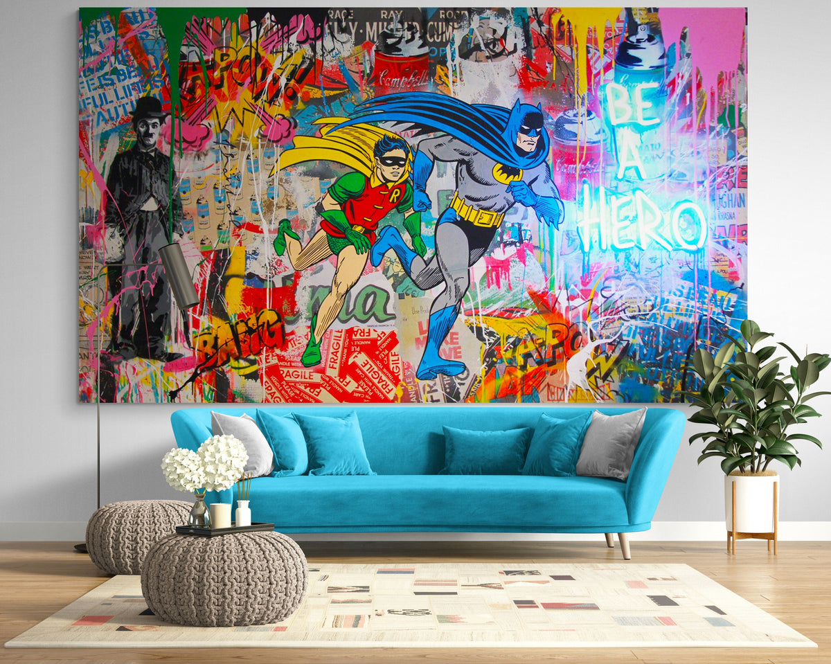 Superhero Graffiti Canvas Wall Art Street Art Print, Pop Art Comic Book Canvas, Colorful Urban Large Canvas, Boys Room Decor