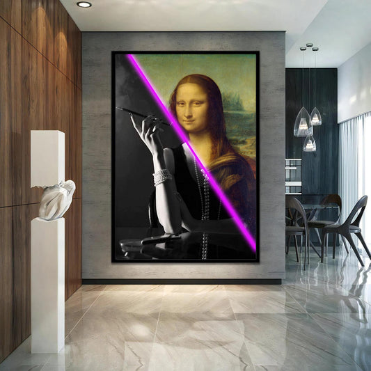 Mona Lisa smoking Neon Light Stretched Extra large Canvas Print Urban Modern Graffiti  Art Wall Gamer Room Decor Teenage Gift for Her