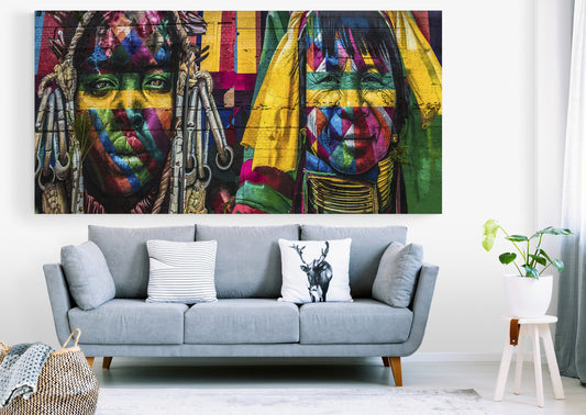 African Tribal Wall Art, Colorful Graffiti Faces Canvas Print, Abstract Indigenous Portrait Painting, Street Pop Art, Large Sofa Decor, Gift
