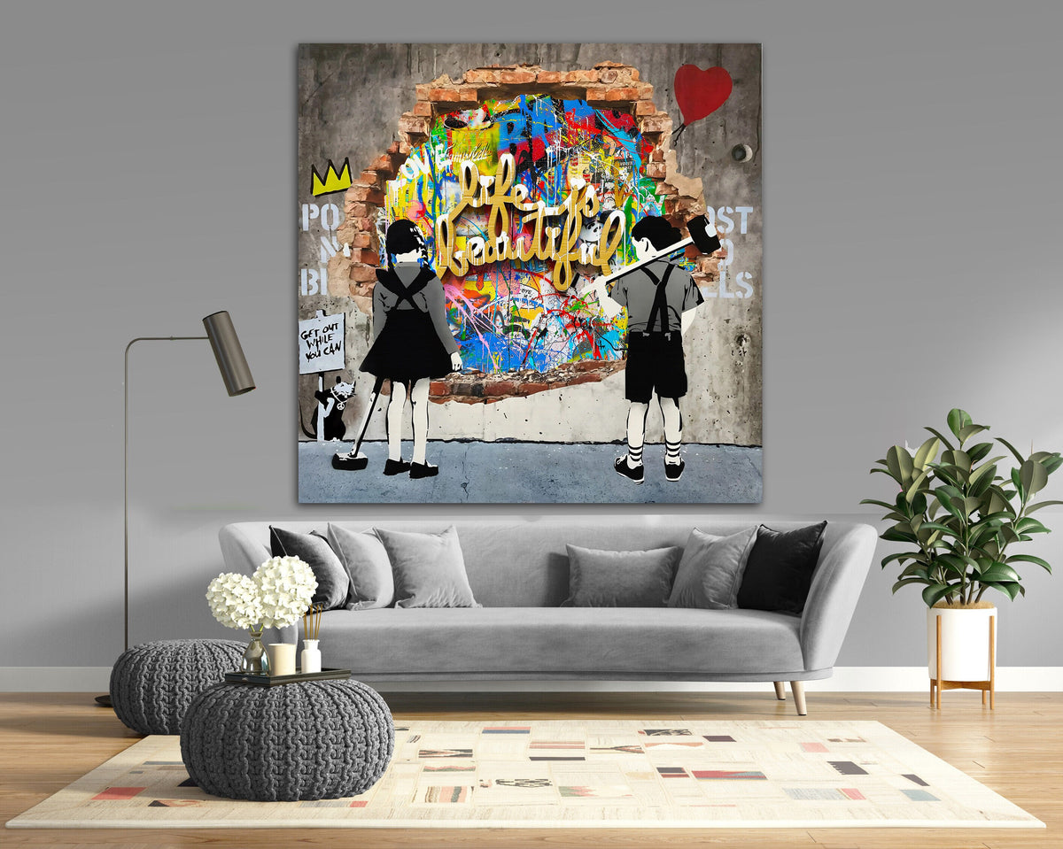 Breaking the wall Life is beautiful Print on Canvas Bright Living Room Modern Graffiti Wall Art Ready to Hang Decor Best Christmas gift