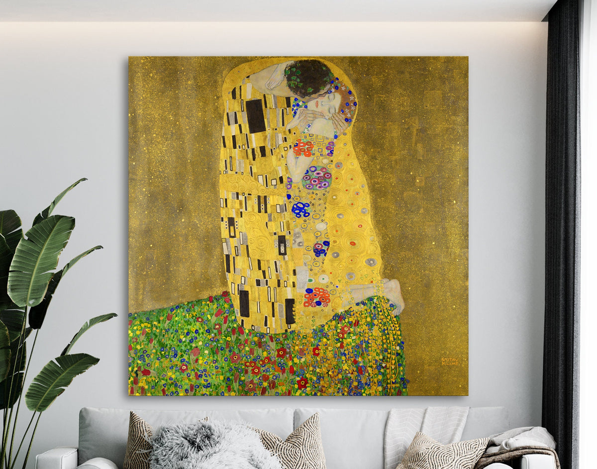 Gustav Klimt The Kiss Print on Canvas Famous Bright Colorful Modern Living Room Decor Expensive Wall Art Ready to Hang Love Gift