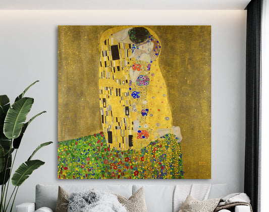 Gustav Klimt The Kiss Print on Canvas Famous Bright Colorful Modern Living Room Decor Expensive Wall Art Ready to Hang Love Gift