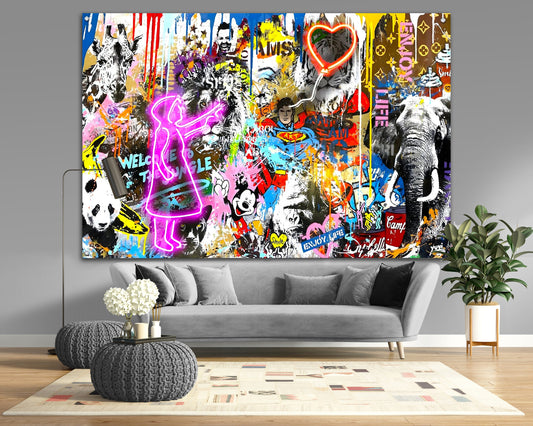 Neon Girl with Balloon Canvas Print - Graffiti Pop Art, Urban Decor