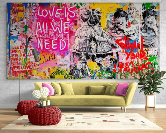 Love is all we need Neon Bright Extra Large Graffiti Mural Style Wall Art Urban Canvas Painting Original Graffiti Decor Best Wedding gift