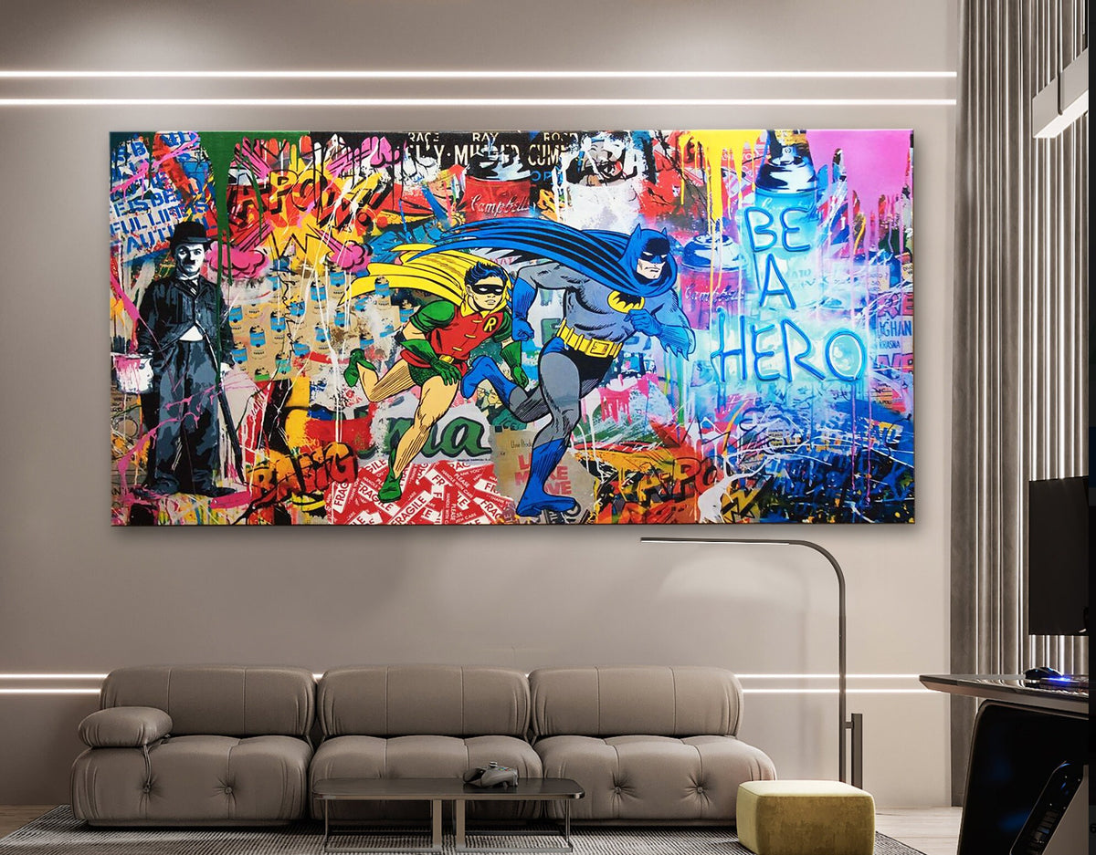 Neon Lights Be a Hero Extra large Stretched Canvas Print Urban Graffiti Modern Art Wall Decor Gamer Room Teenage Christmas Gift for Him