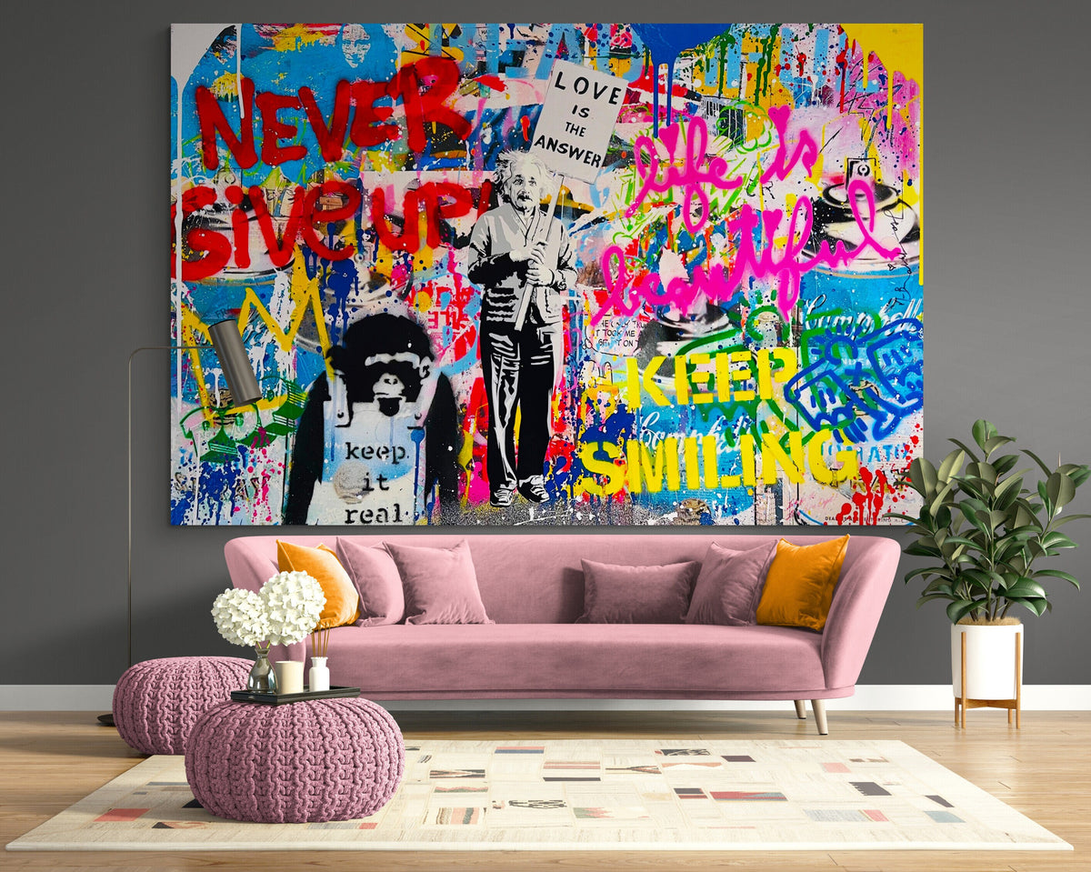 Never give Up Urban Graffiti Print on Canvas Bright Colorful Living Room Pop Art Wall Decor Ready to Hang Painting Best Housewarming gift