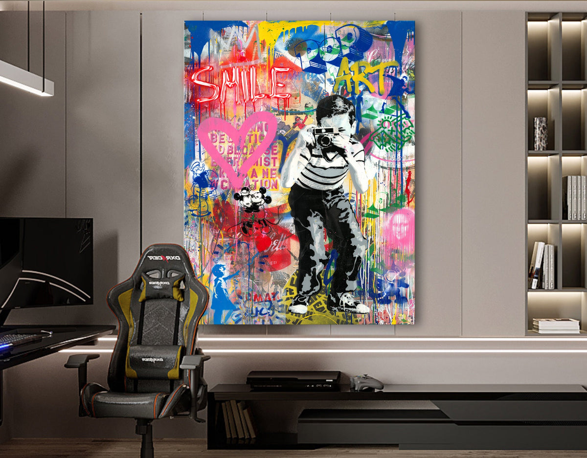 Photographer boy Neon Light Colorful Stretched Extra large Canvas Print Urban Modern Graffiti Art Wall Gamer Room Decor Teenage Gift