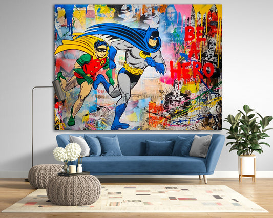 Be A Hero Canvas Print, Batman Graffiti Wall Decor, Superhero Comic Book Art, Vibrant Urban Canvas Painting, Cool Bedroom Pop Art Poster