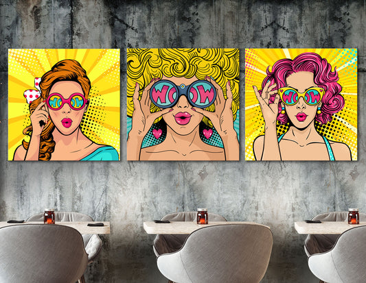 Wow Girl SET of 3 Print on Canvas Bright Living Room Girl's Room Modern Fashion Pop Art Vintage Wall Art Painting Ready to Hang Gift for Her