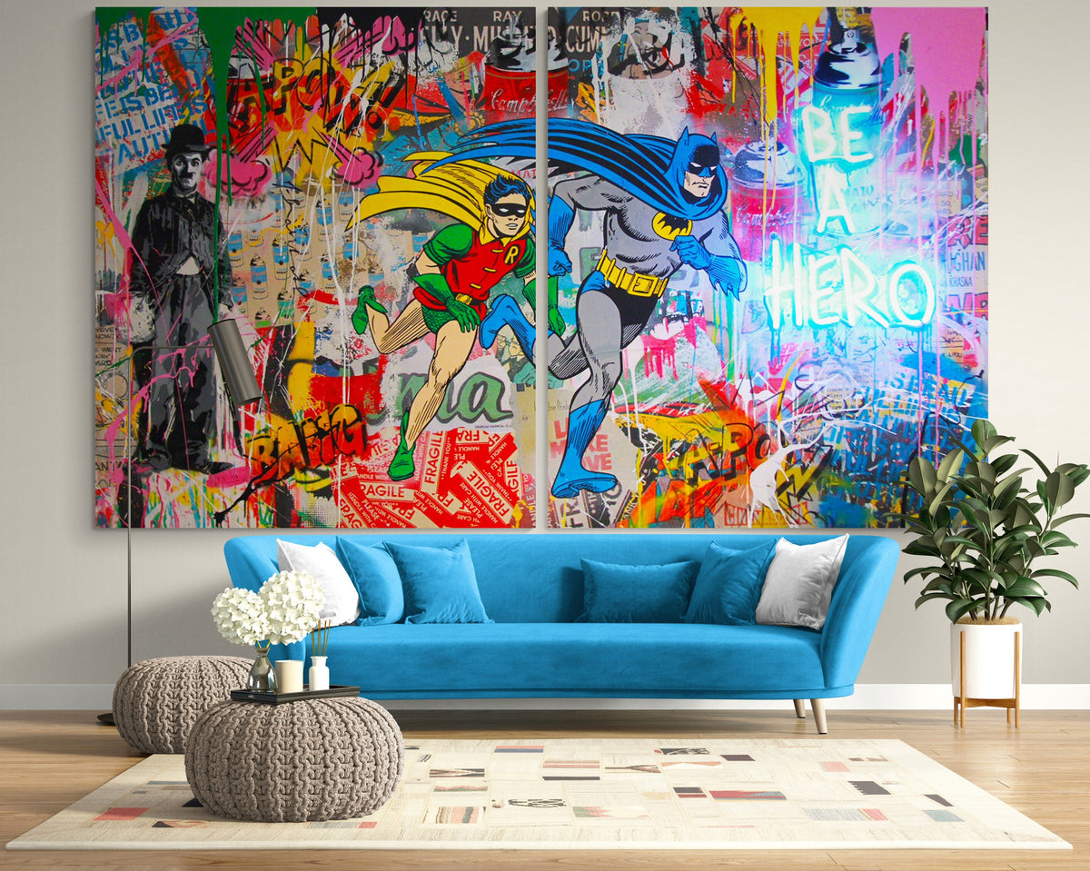 Superhero Graffiti Canvas Wall Art Street Art Print, Pop Art Comic Book Canvas, Colorful Urban Large Canvas, Boys Room Decor
