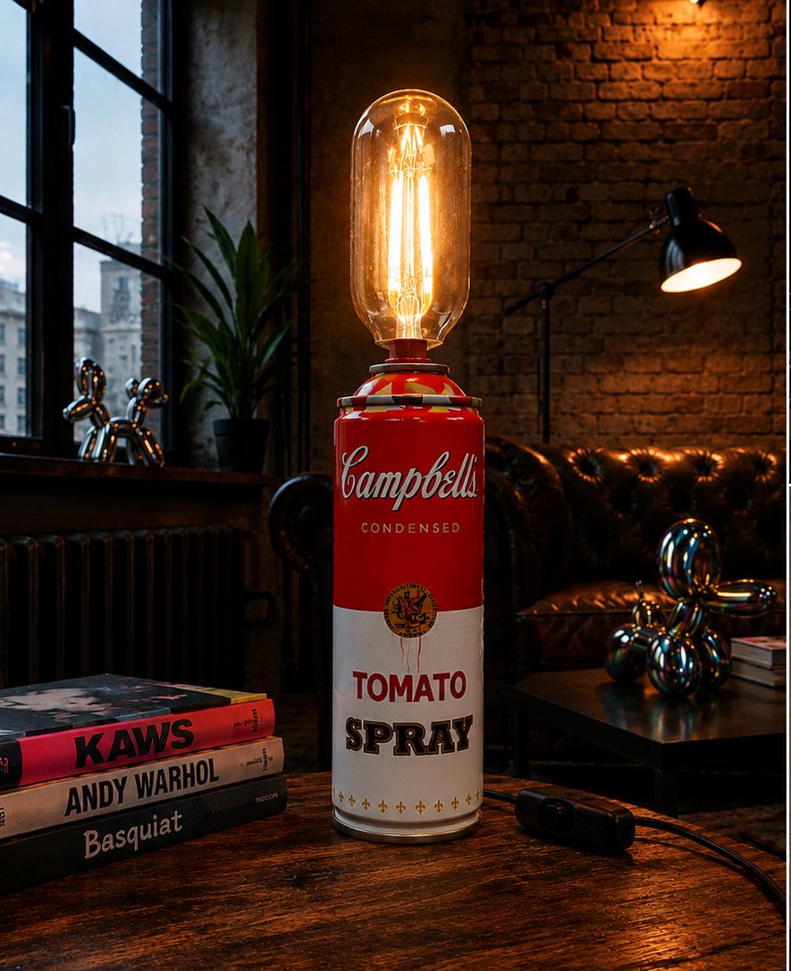 Tomato soup Graffiti Torn Spraycan with Edison Lamp