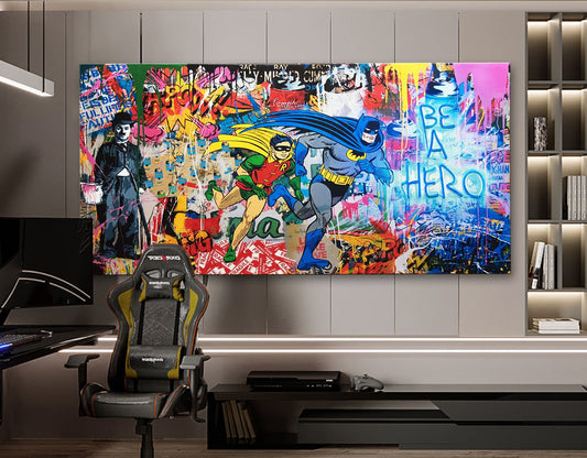 Neon Lights Be a Hero Extra large Stretched Canvas Print Urban Graffiti Modern Art Wall Decor Gamer Room Teenage Christmas Gift for Him