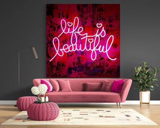 Life is Beautiful Pink Neon Graffiti Canvas Print, Urban Wall Art