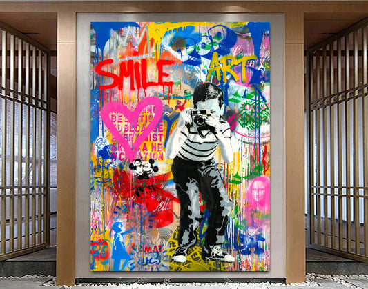 Banksy Photographer Boy Canvas Print, Graffiti Pop Art Style