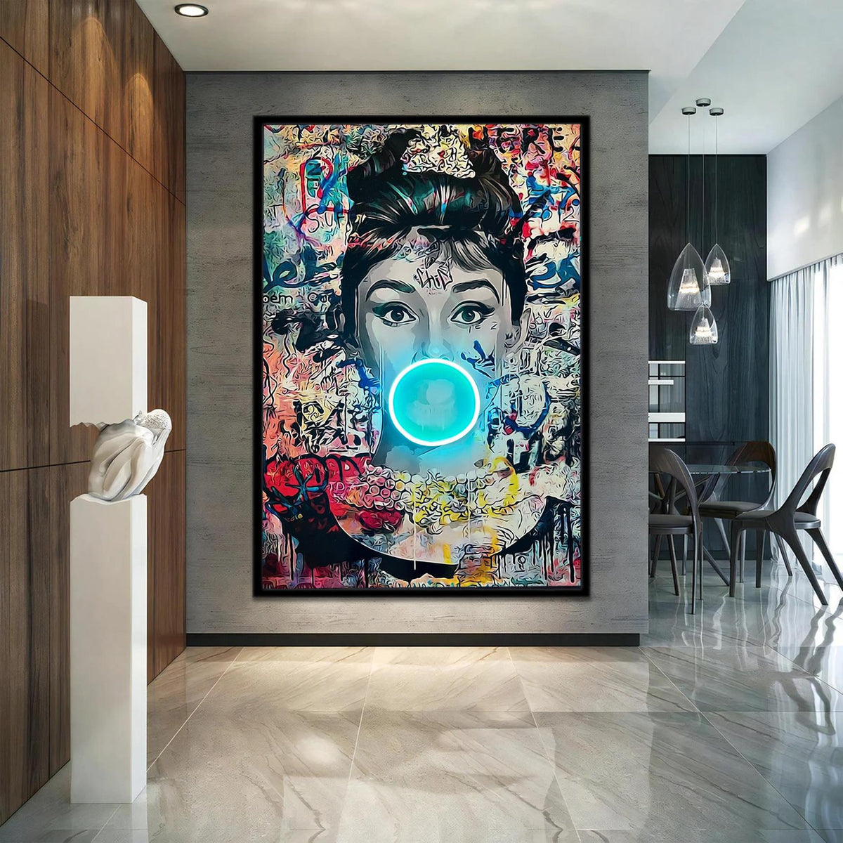 Icon of style Hepburn with Led Neon Light Stretched Extra large Canvas Print Urban Modern Graffiti Art Wall Decor Teenage Love Gift for Her