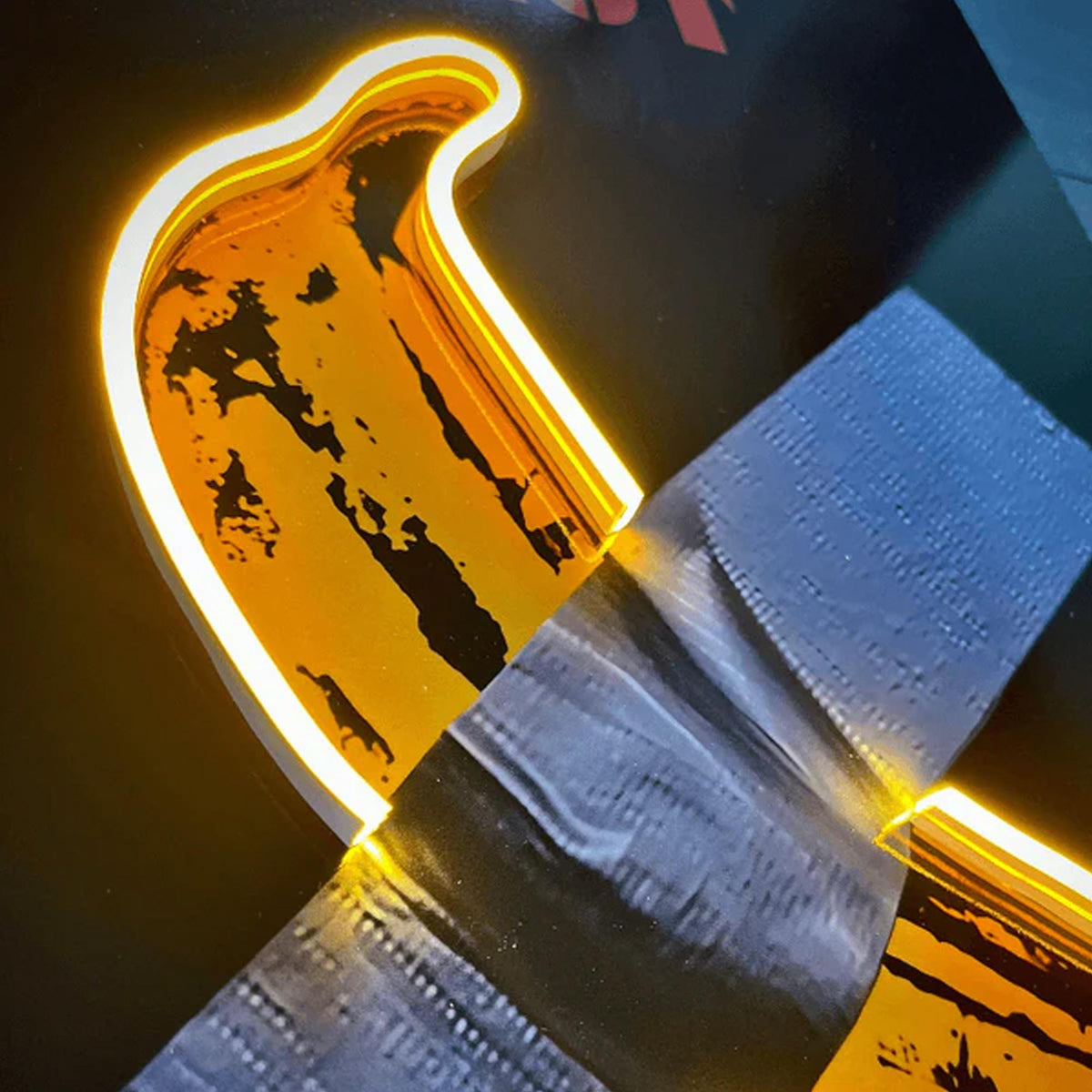 Duct Tape Banana with Neon Light Stretched Extra large Canvas Print Urban Modern Graffiti  Art Wall Bar Decoration  Gift for Him