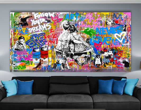 Follow Your Dreams Motivation Bright Colorful Urban Graffiti Print on Canvas Ready to Hang Teenage Room Wall Decor Contemporary Art Gift