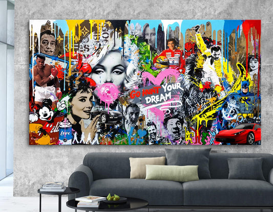 Extra Large Graffiti Wall Art: Urban Canvas Print, "Go Hunt Your Dream" Decor