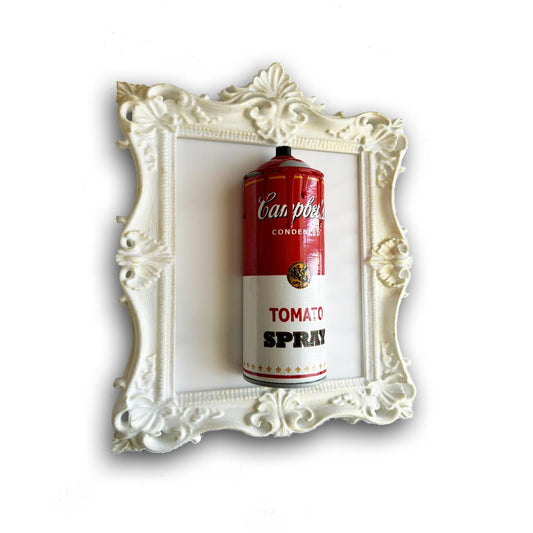 Tomato soup Graffiti Torn Spraycan Sculpture in classic frame on white glossy acrylic