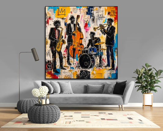 Abstract Jazz Wall Art, 4 Musicians Painting, Modern Jazz Band Artwork, Colorful Music Wall Decor, Contemporary Living Room Art